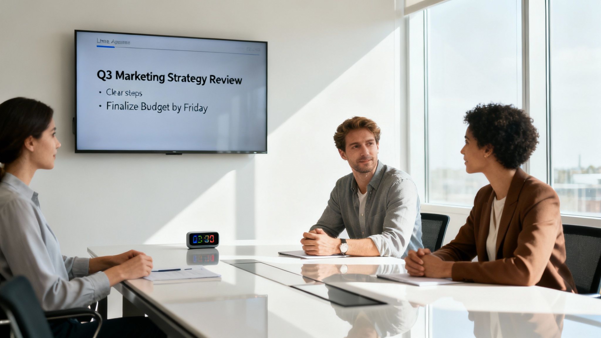 A diverse group of team members sitting around a table, actively engaged in a positive and constructive Q&A session.