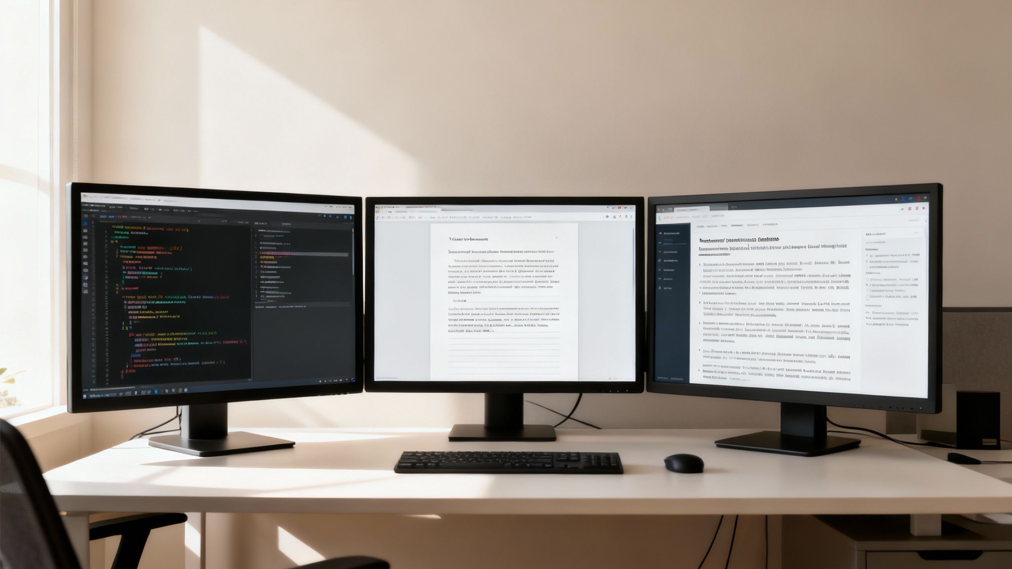 A clean, modern workspace with three computer monitors displaying code, documents, and web content.
