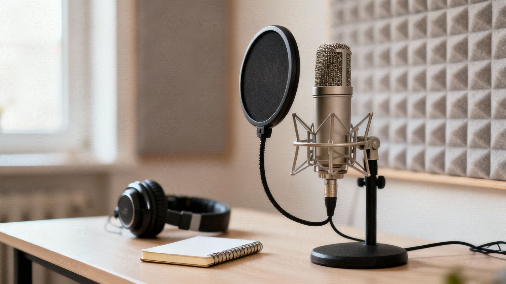 A person speaking into a professional microphone in a quiet studio setting.