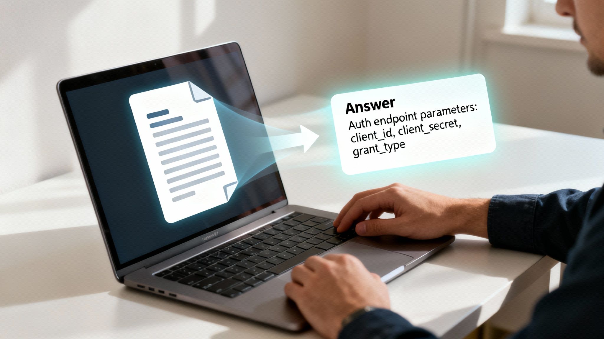 A person uses a laptop, processing a digital document to display API authentication parameters.