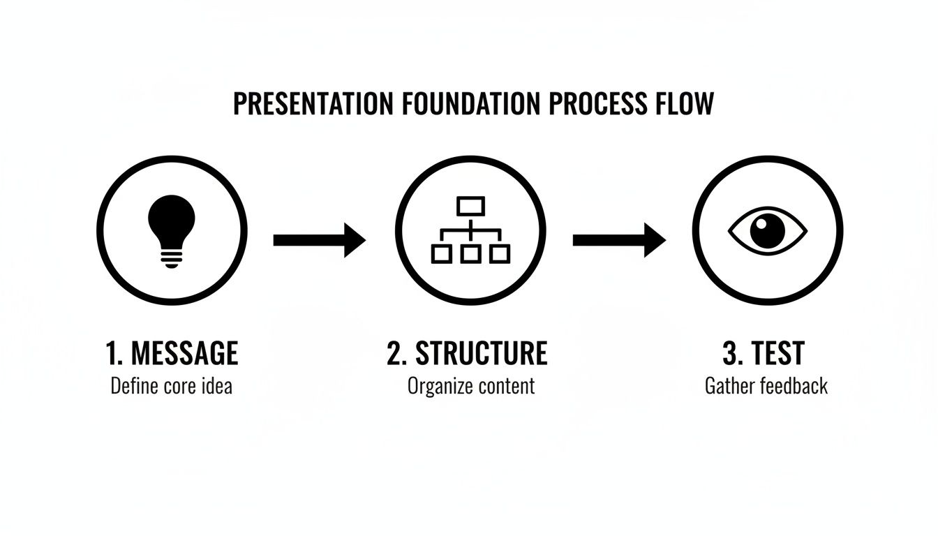 A diagram illustrating the three-step presentation foundation process: message, structure, and test.