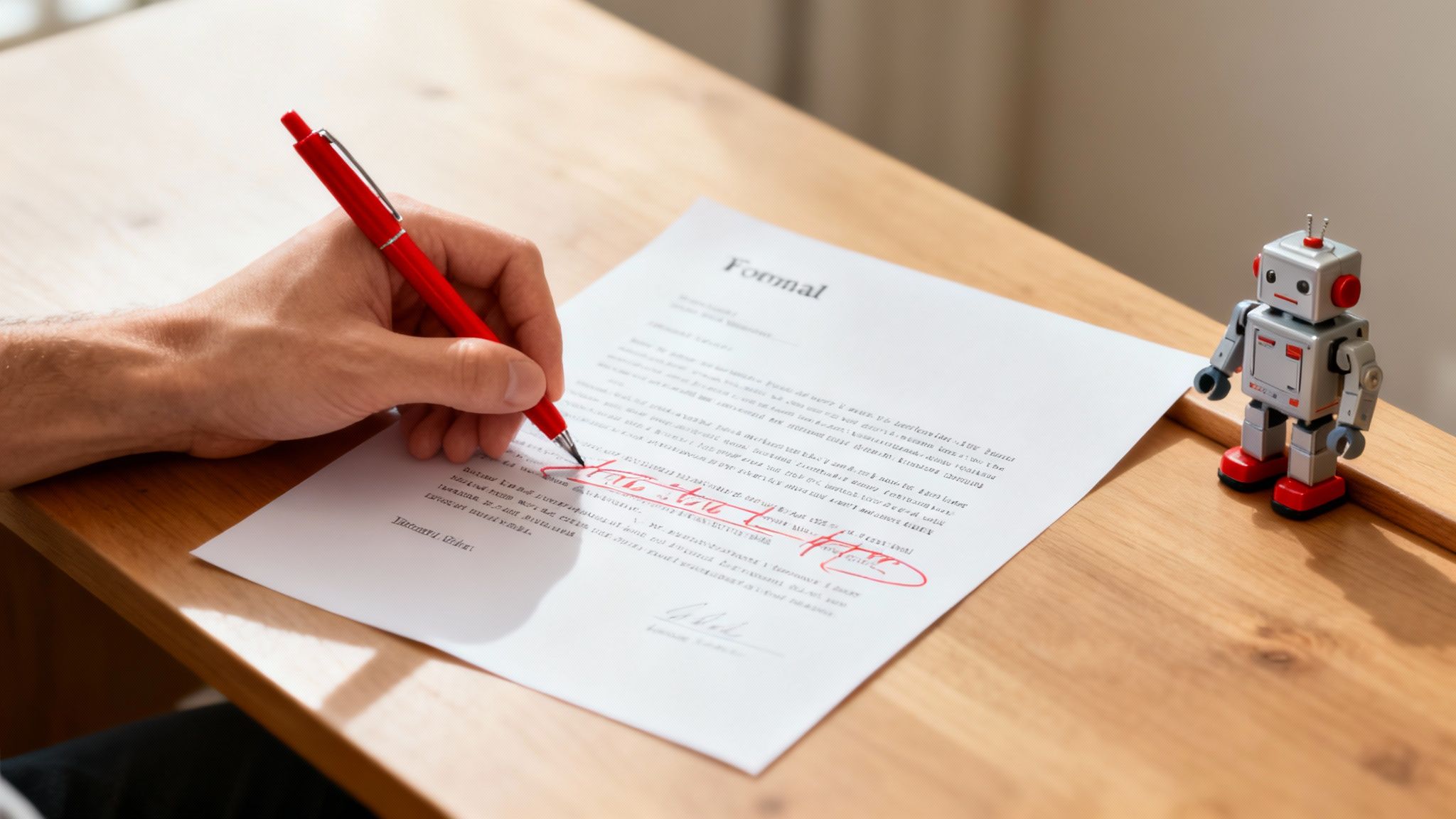A hand holds a red pen, marking a formal document on a wooden desk next to a robot toy.