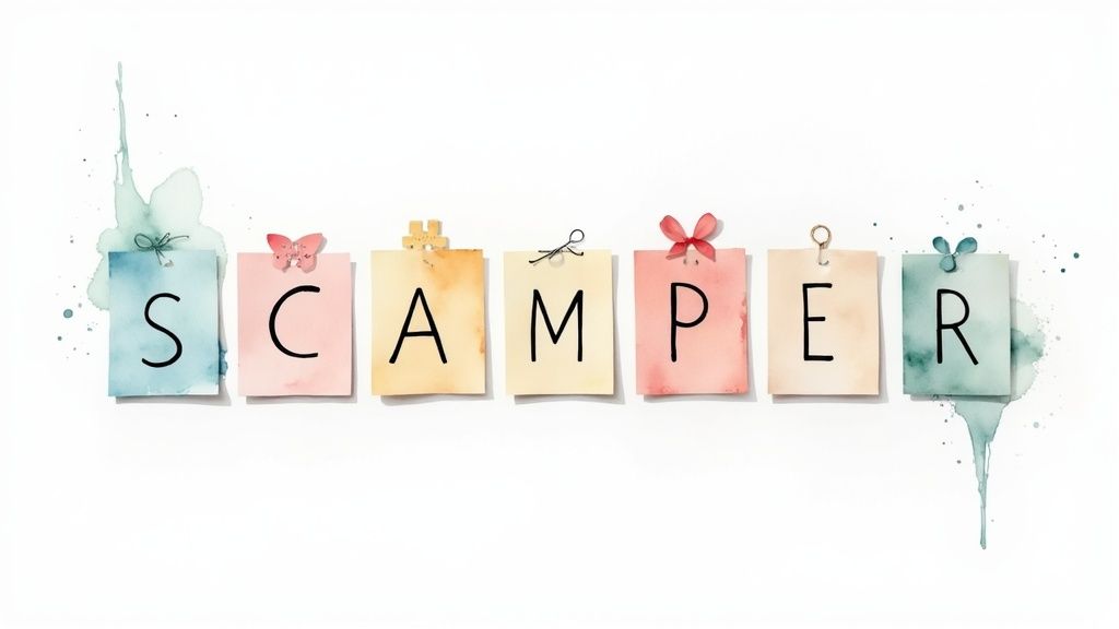 SCAMPER Technique checklist showing the seven prompts: Substitute, Combine, Adapt, Modify, Put to another use, Eliminate, and Reverse
