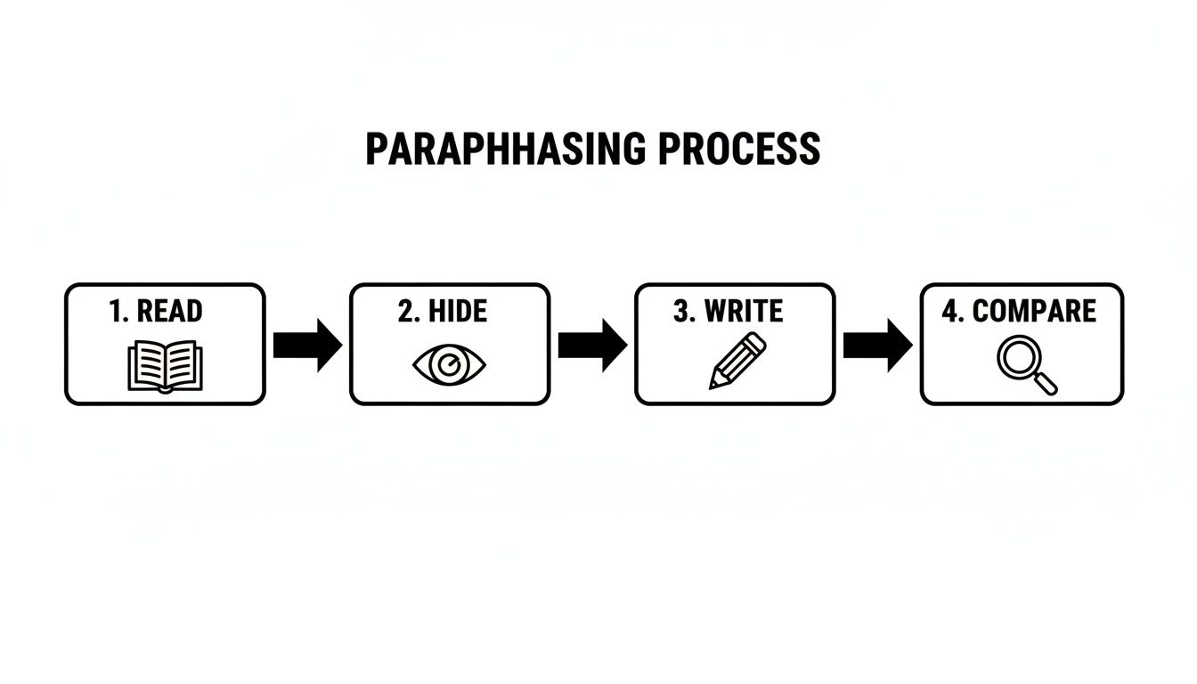 A clear, sequential diagram outlining a four-step paraphrasing process: read, hide, write, and compare.