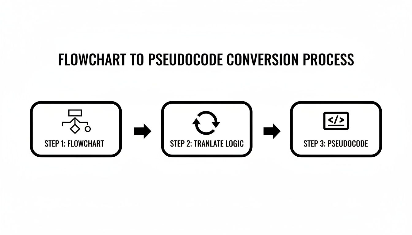 A three-step diagram illustrating the conversion process from flowchart to pseudocode development.