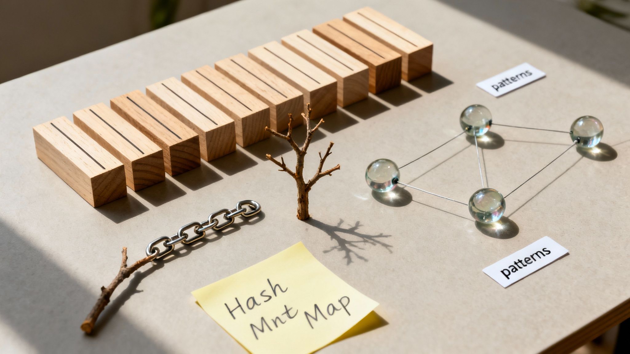 Arrangement of wooden blocks, a chain, a small tree, and glass spheres representing data structures.