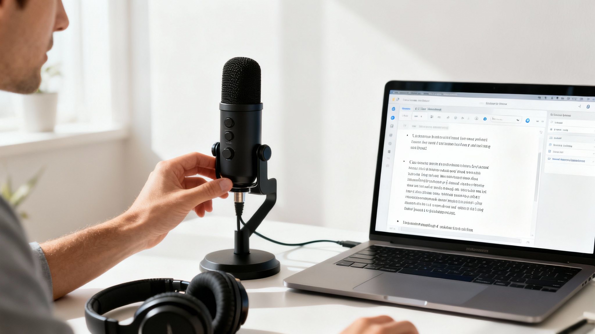A person working at a desk with a microphone, optimizing their setup for clear audio transcription.
