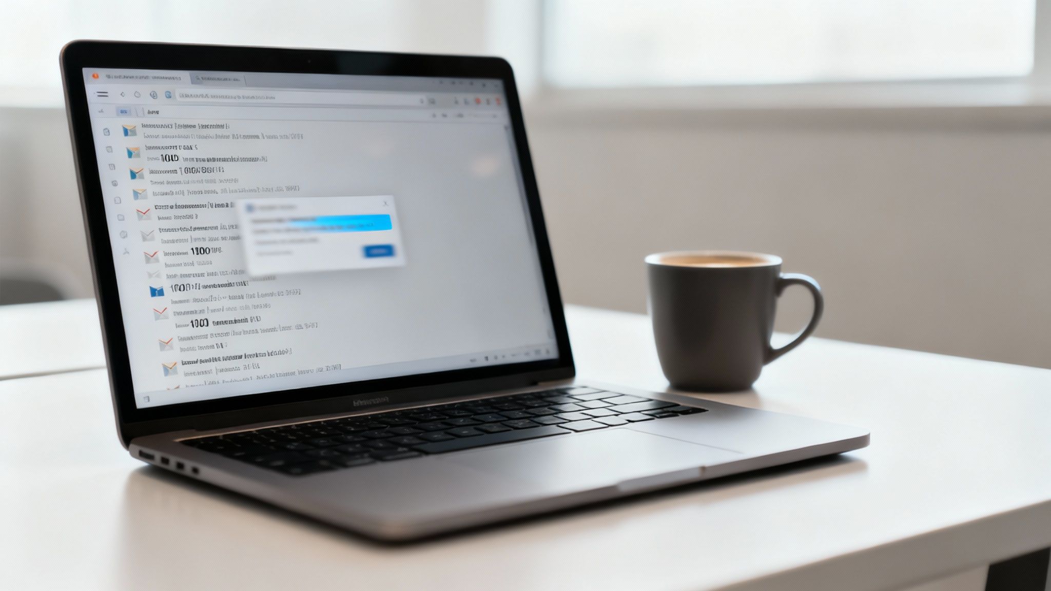 A person looking confused at their laptop, surrounded by floating email icons.
