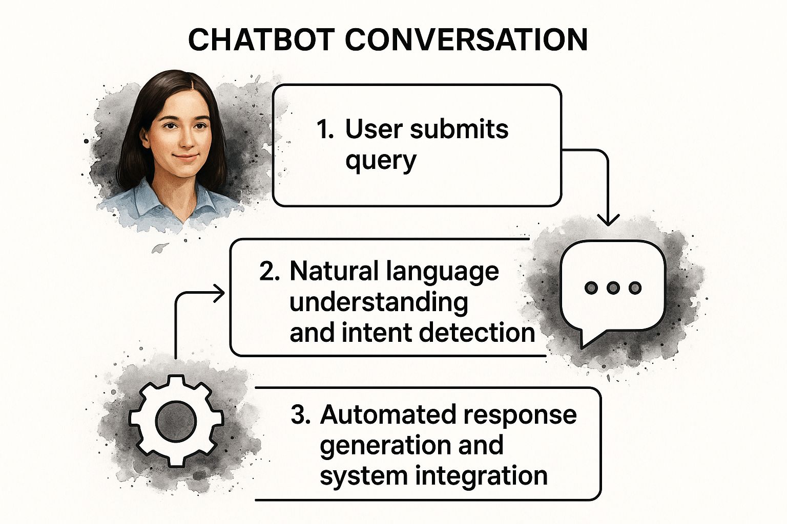 Infographic showing the process flow for a chatbot conversation, starting with a user query, moving to NLU and intent detection, and ending with an automated response.