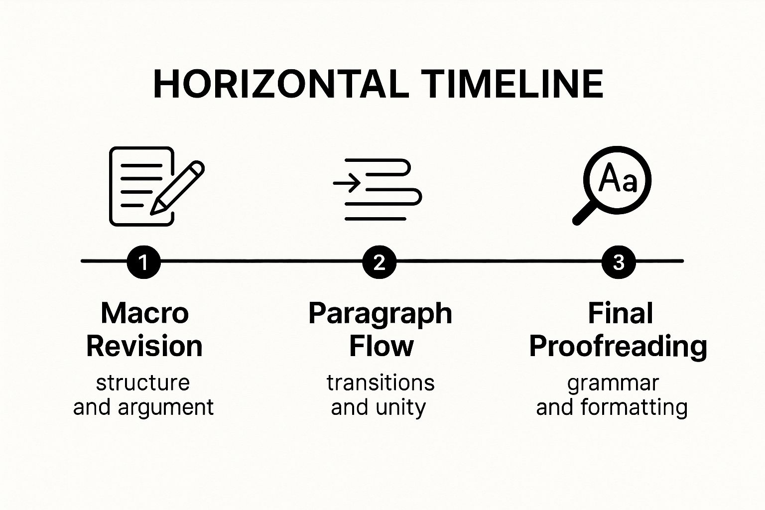 A timeline infographic showing the three stages of revision: Macro Revision, Paragraph Flow, and Final Proofreading.