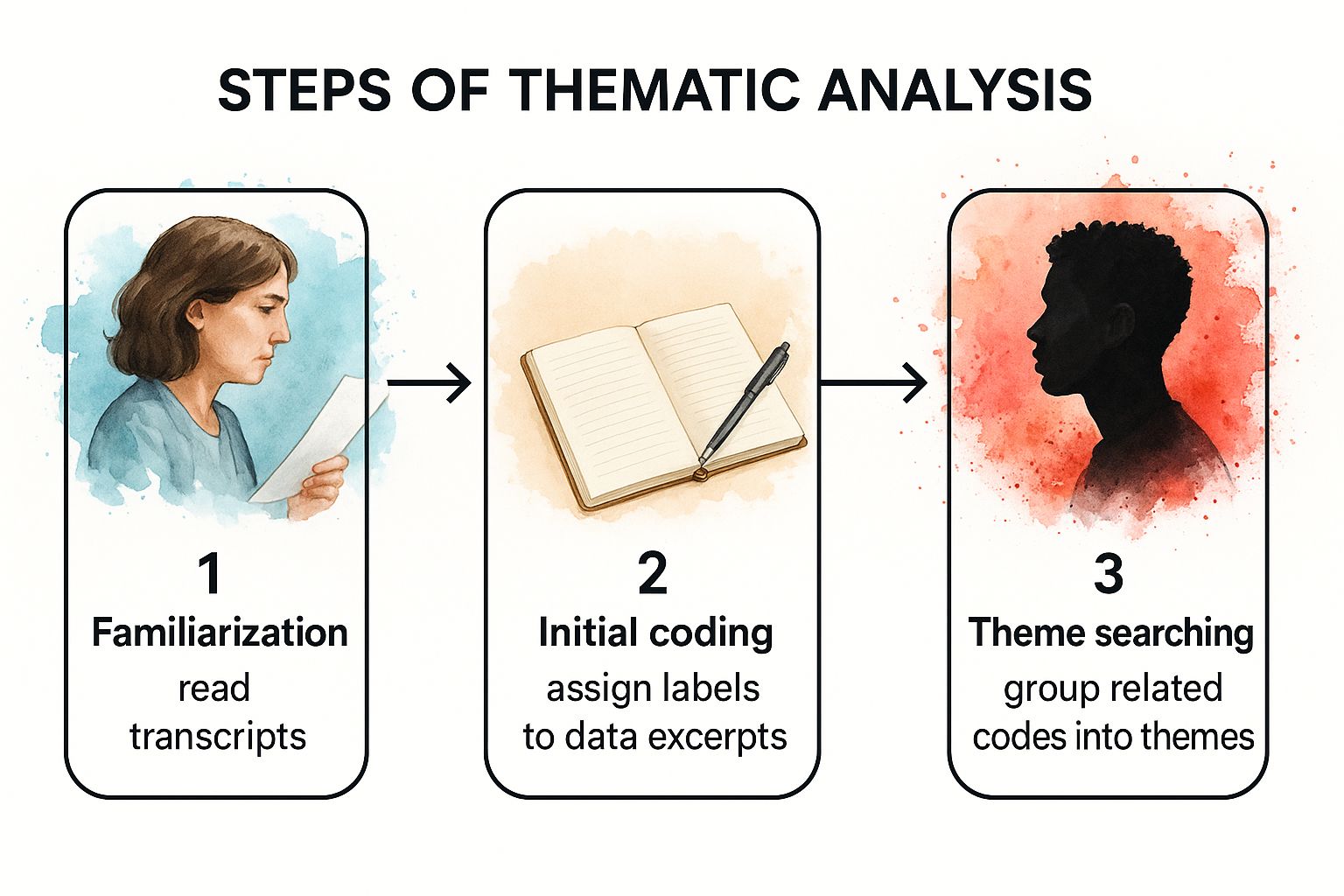 Infographic showing the 3 key steps of Thematic Analysis: Familiarization (reading transcripts), Initial Coding (assigning labels), and Theme Searching (grouping codes).