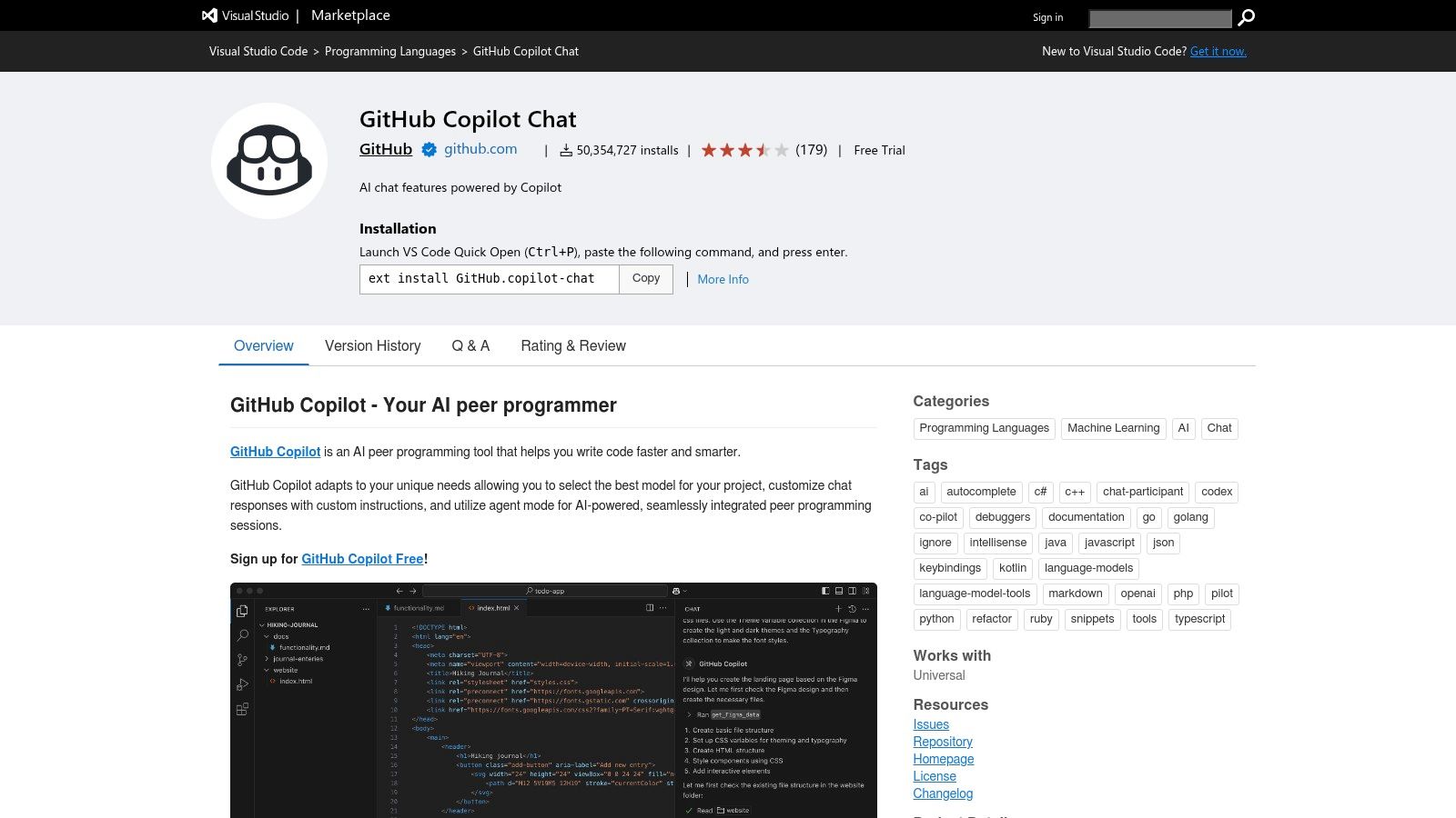 Visual Studio Marketplace – GitHub Copilot Chat (extension page)