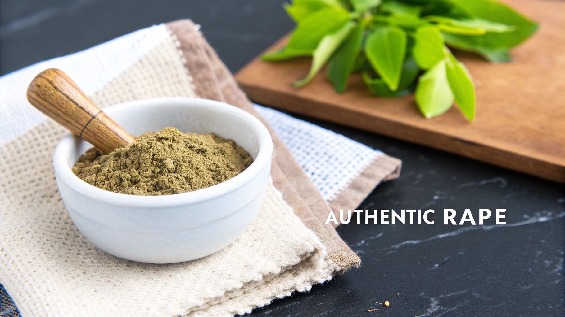 A white bowl with green powder and a wooden spoon on a towel, with fresh leaves and a wooden board in the background.