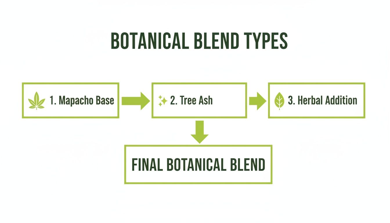 Flowchart showing steps for creating botanical blends: Mapacho base, tree ash, and herbal addition.