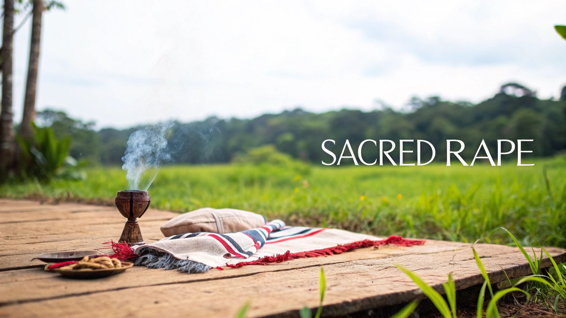 A wooden platform with an incense burner, smoking, and a woven cloth in a natural, green setting.