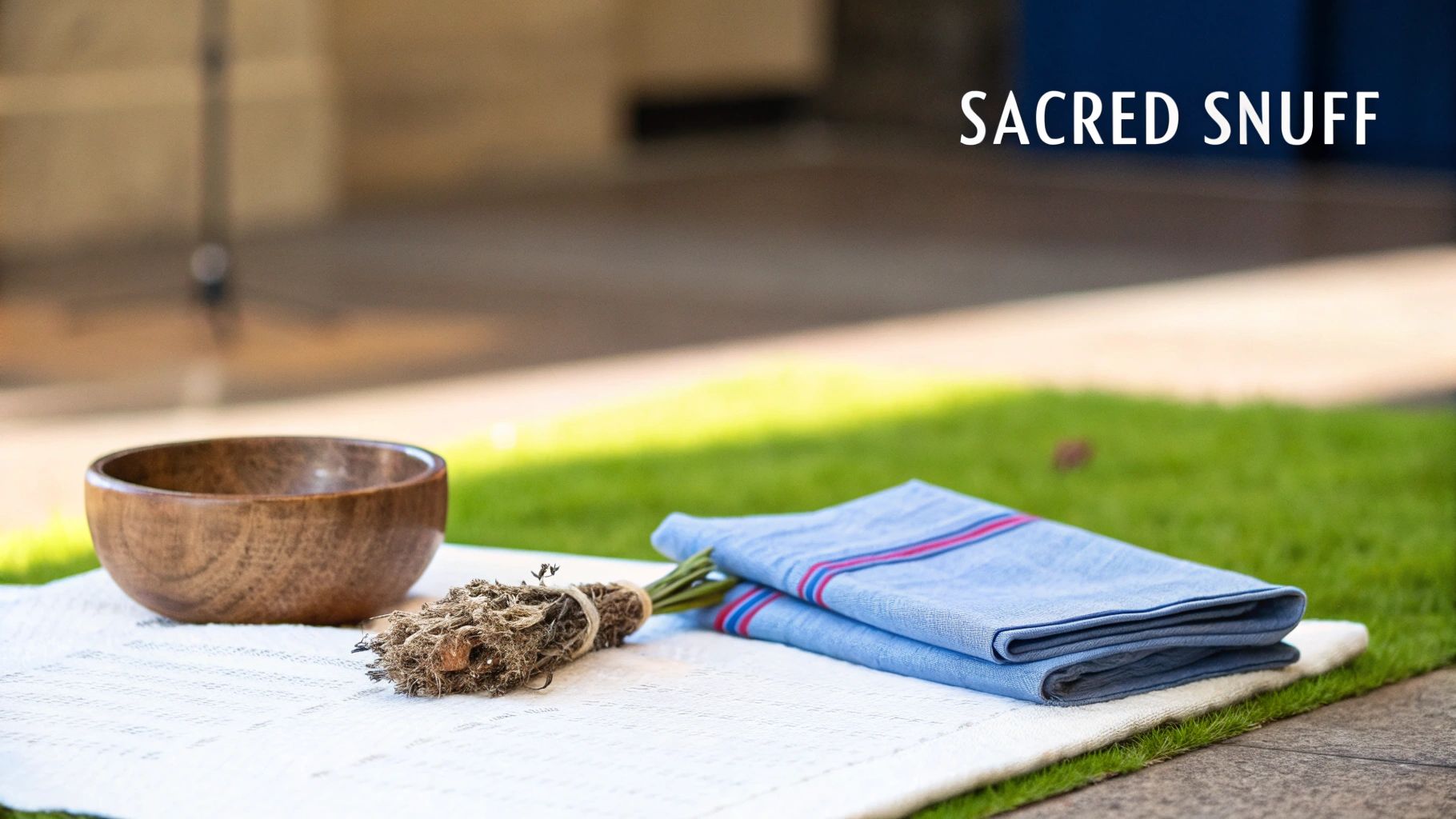 A wooden bowl, dried herbs, and a blue towel on a white mat with 'SACRED SNUFF' text.