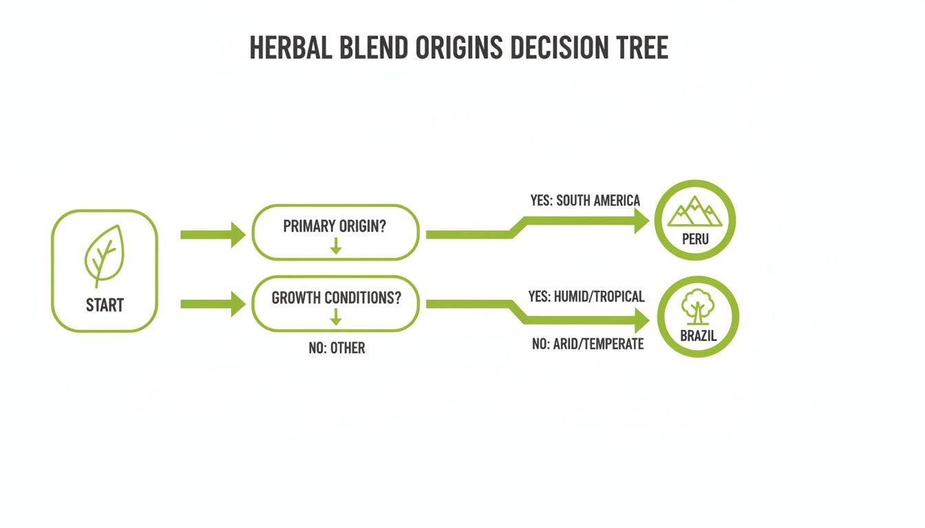 A decision tree flow chart titled 'Herbal Blend Origins' leading to Peru or Brazil based on origin and growth conditions.