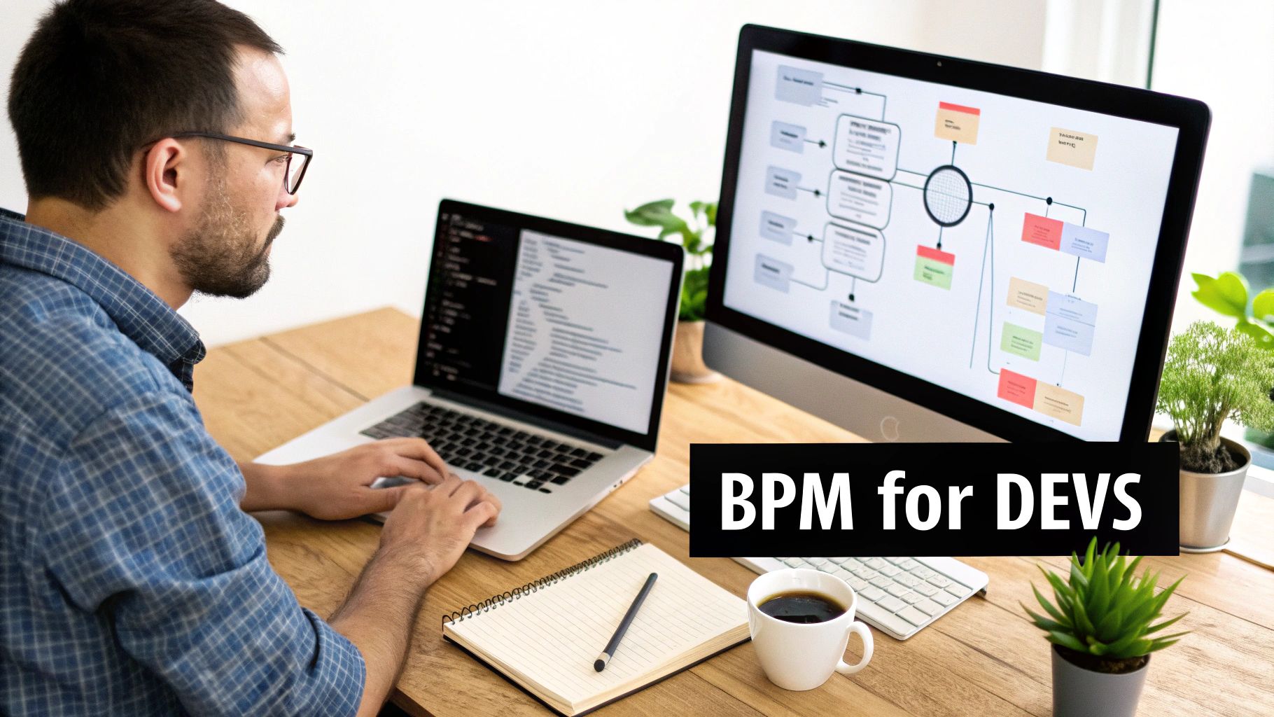 A developer works on a laptop and views a Business Process Management (BPM) diagram on a monitor.