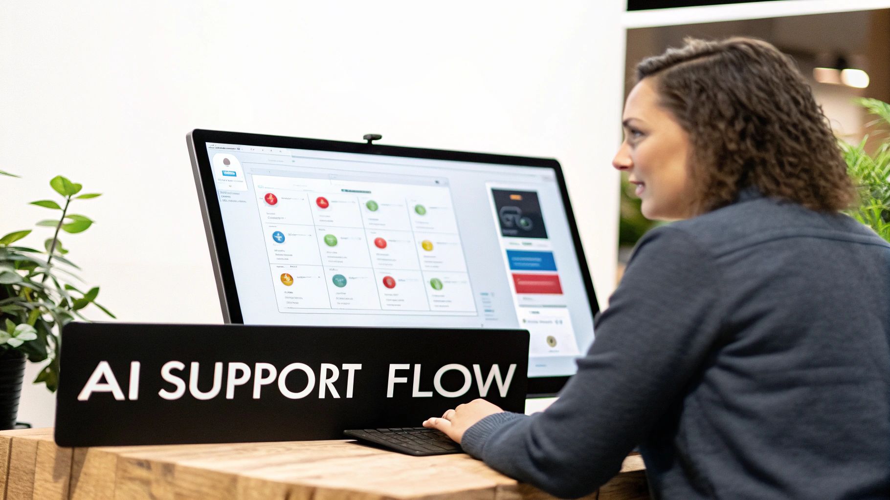 Woman viewing a computer screen displaying a dashboard, with an 'AI SUPPORT FLOW' sign in the foreground.