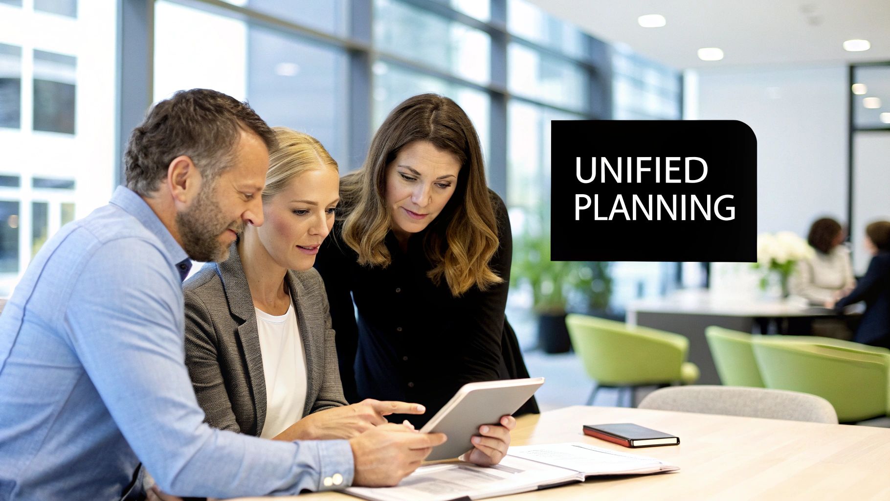 Three business professionals collaborating around a tablet, discussing unified planning in a modern office.