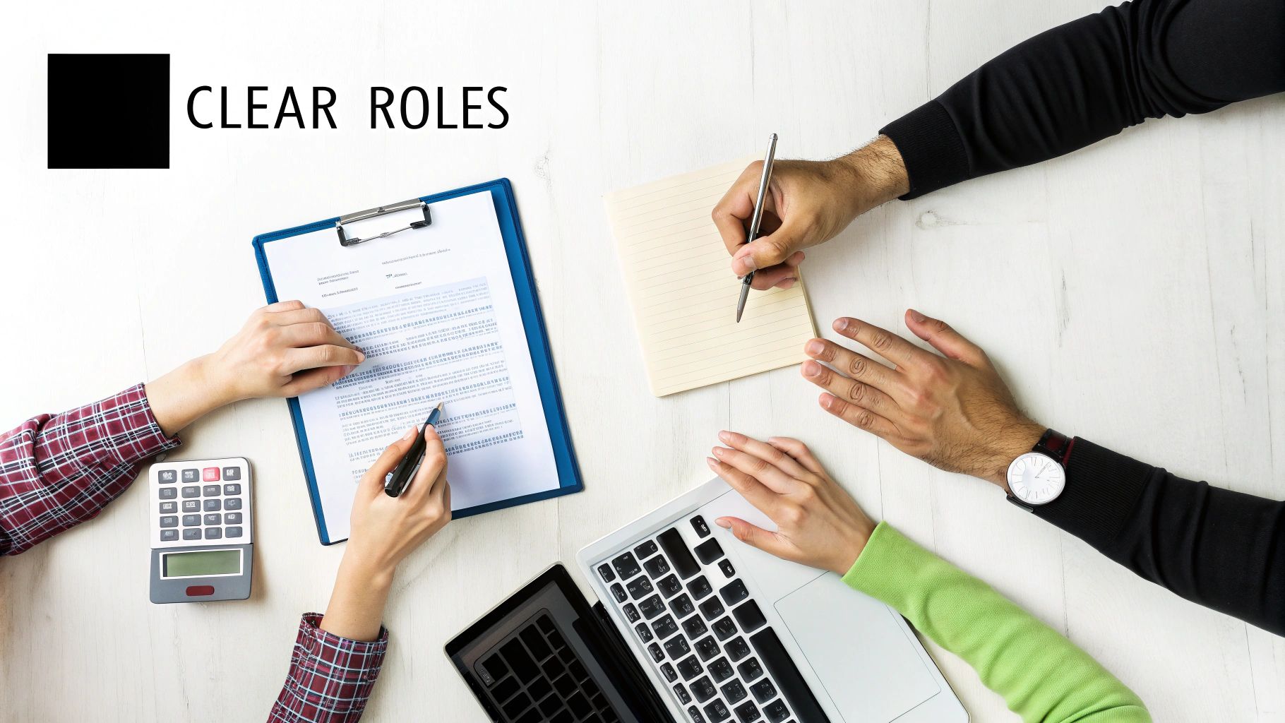 Overhead view of a team collaborating on documents, a laptop, and calculator on a white desk.