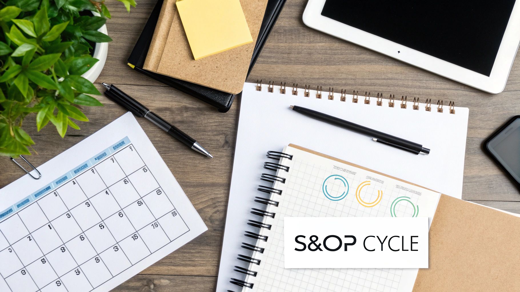 Flat lay of an office desk with notebooks, pens, a calendar, and a card displaying 'S&OP CYCLE'.