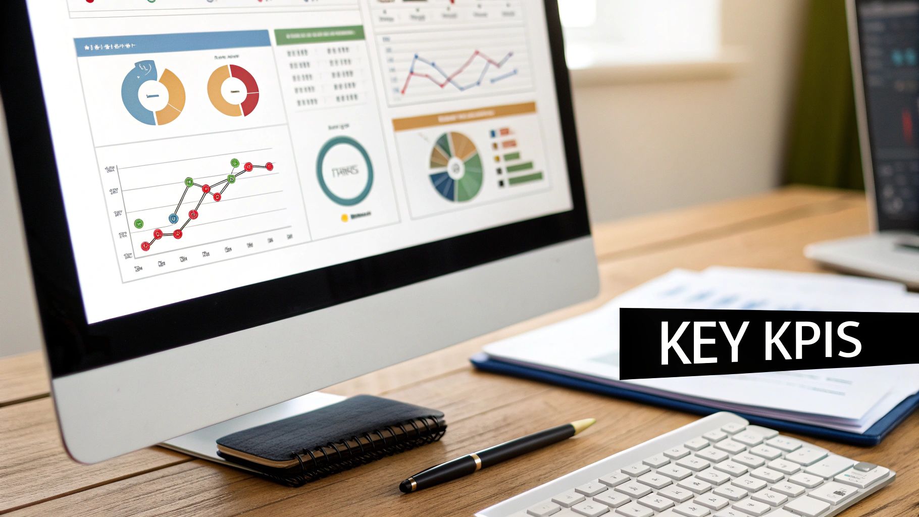Desktop computer displaying various business data charts, graphs, and KPIs on a wooden desk.