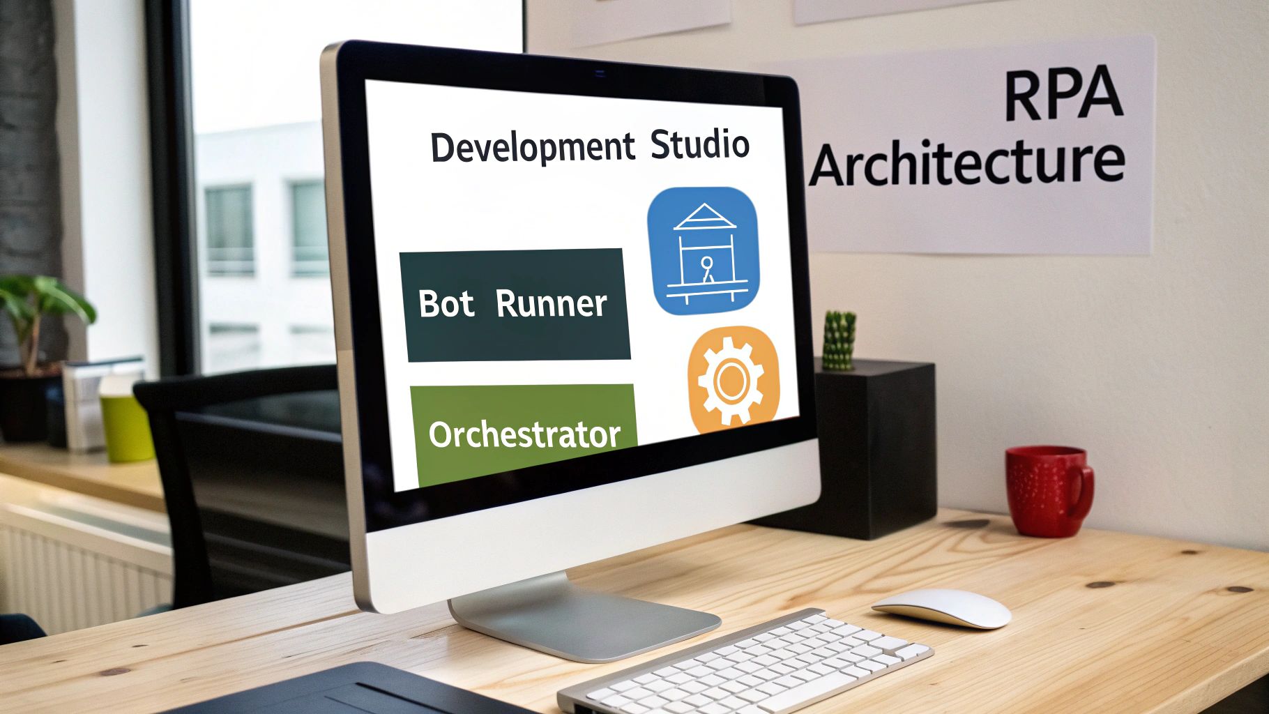 A computer screen shows 'Development Studio', 'Bot Runner', 'Orchestrator' as part of RPA architecture.