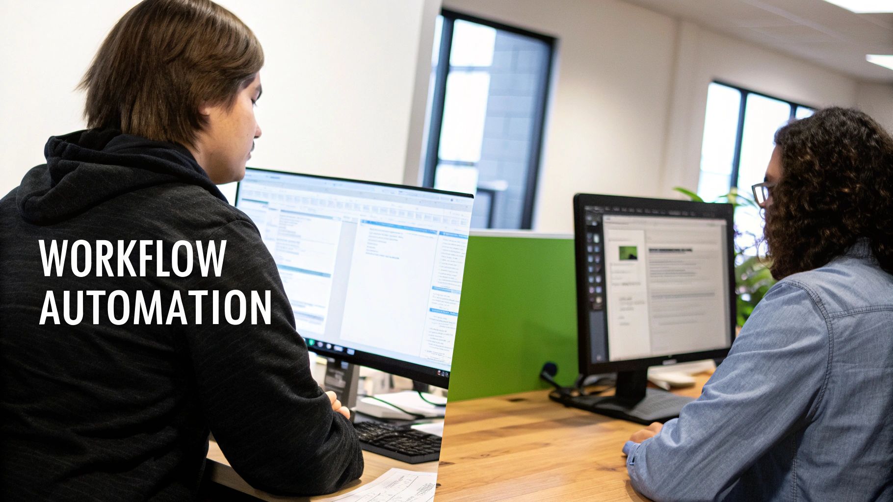 Two employees focus on their computers in an office setting, highlighting workflow automation.