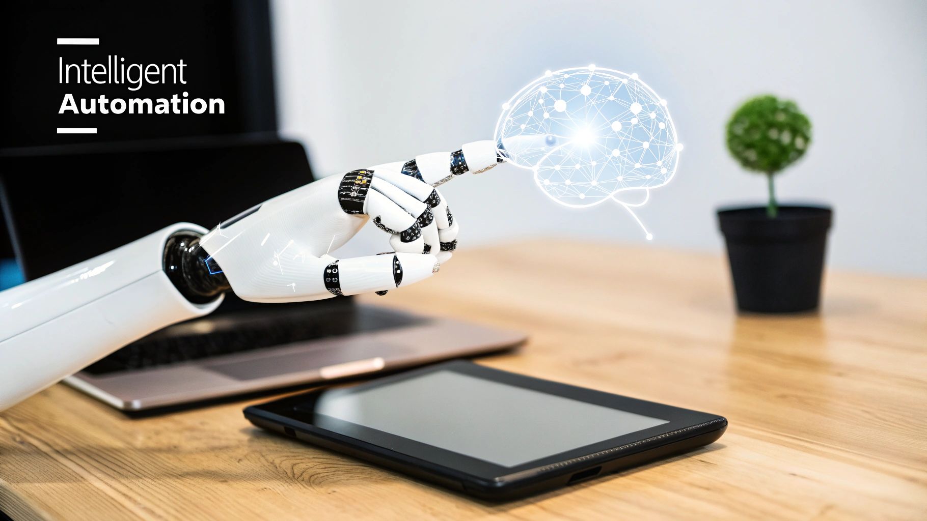 Robotic arm hand touching a glowing digital brain, symbolizing intelligent automation and AI.