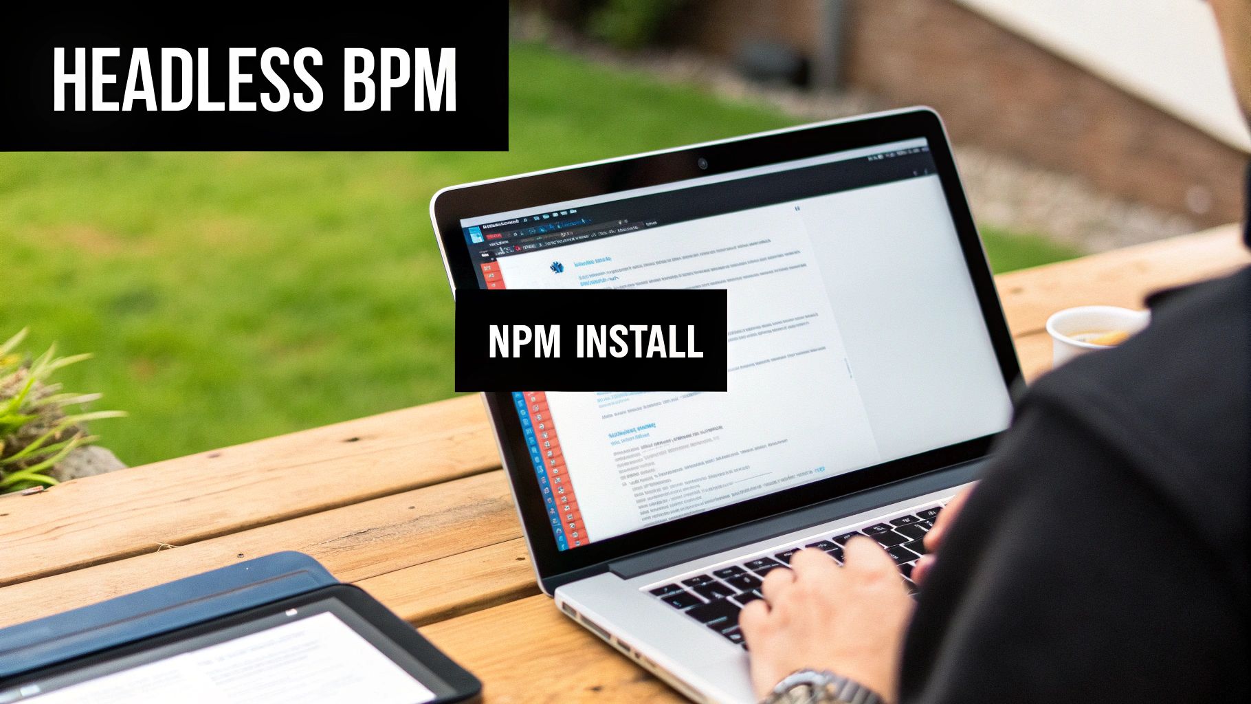 A person works on a laptop outdoors with 'HEADLESS BPM' and 'NPM INSTALL' text overlays.