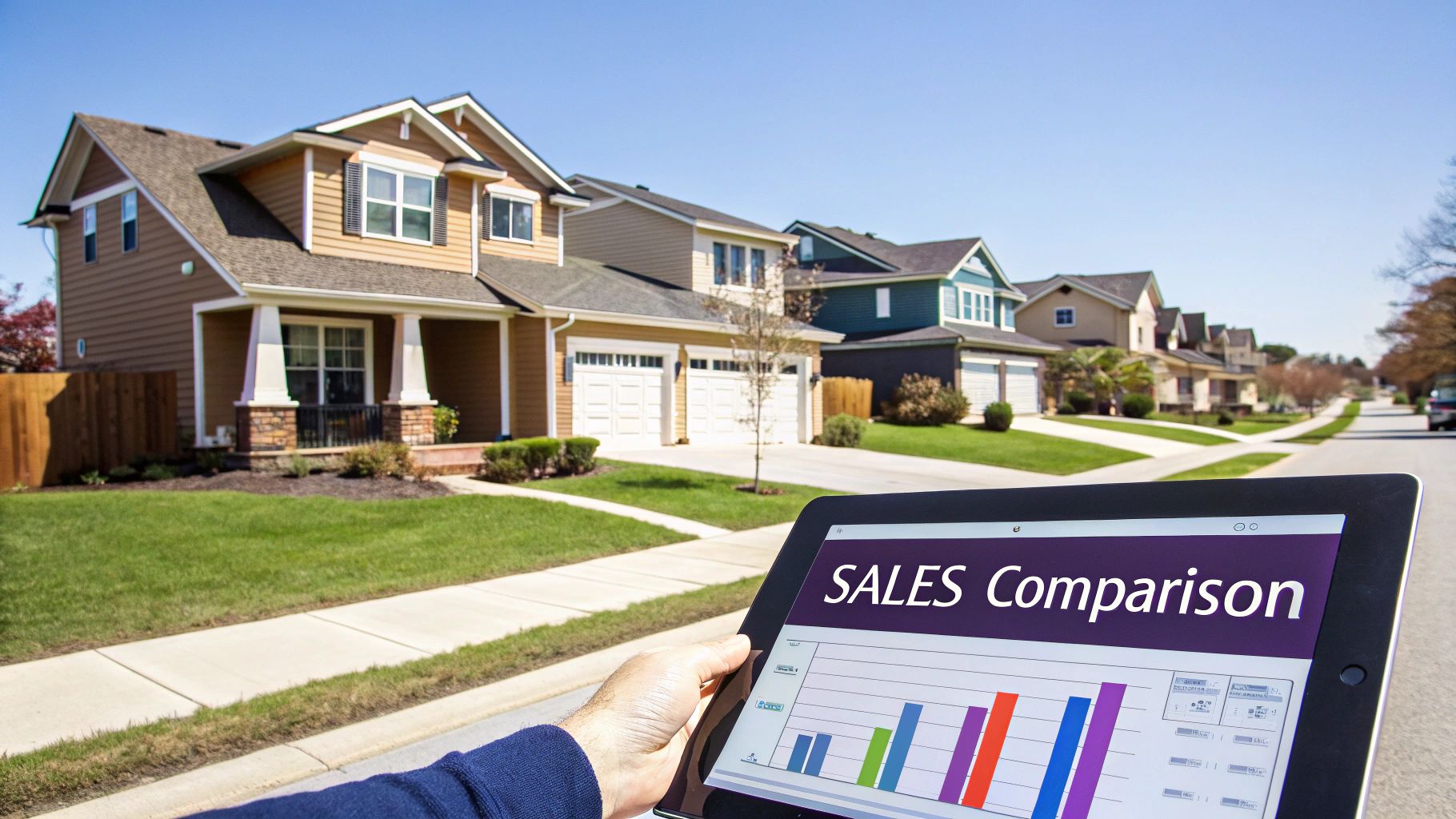 A hand holds a tablet displaying a sales comparison chart, with a row of residential houses in the background.