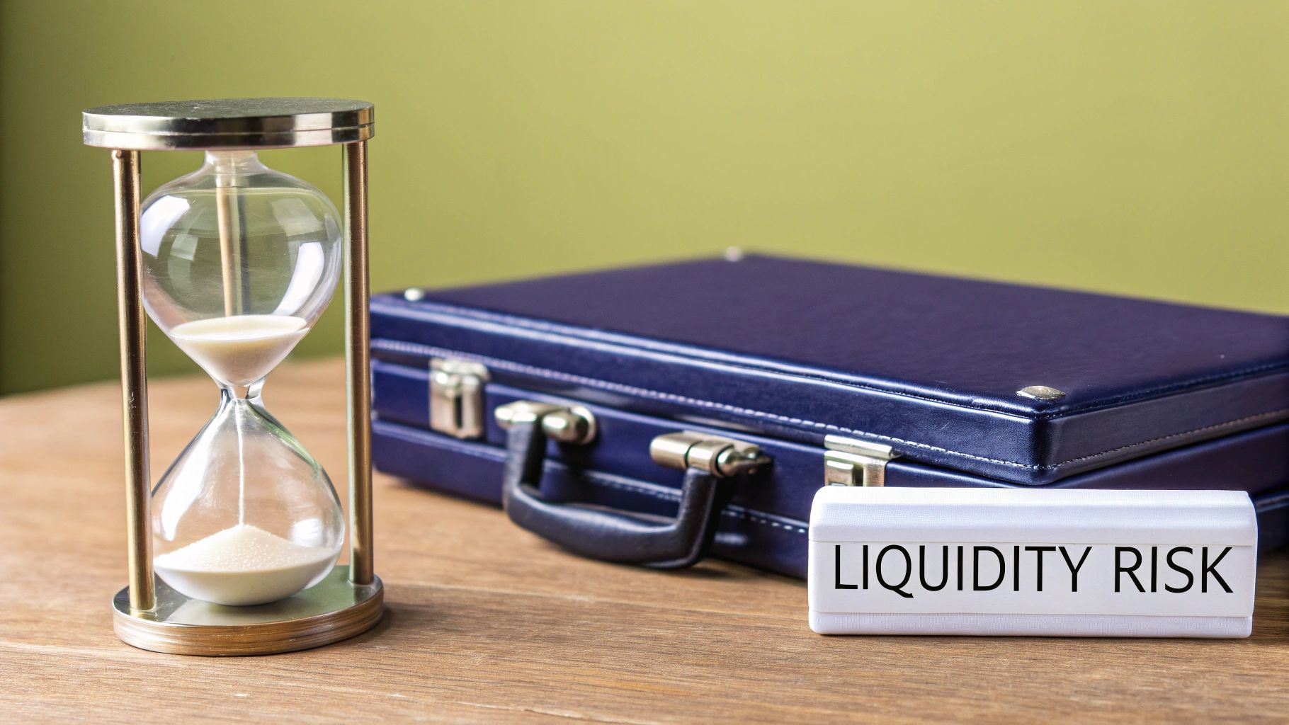 An hourglass with sand, a blue briefcase, and a sign reading 'LIQUIDITY RISK' on a wooden desk.