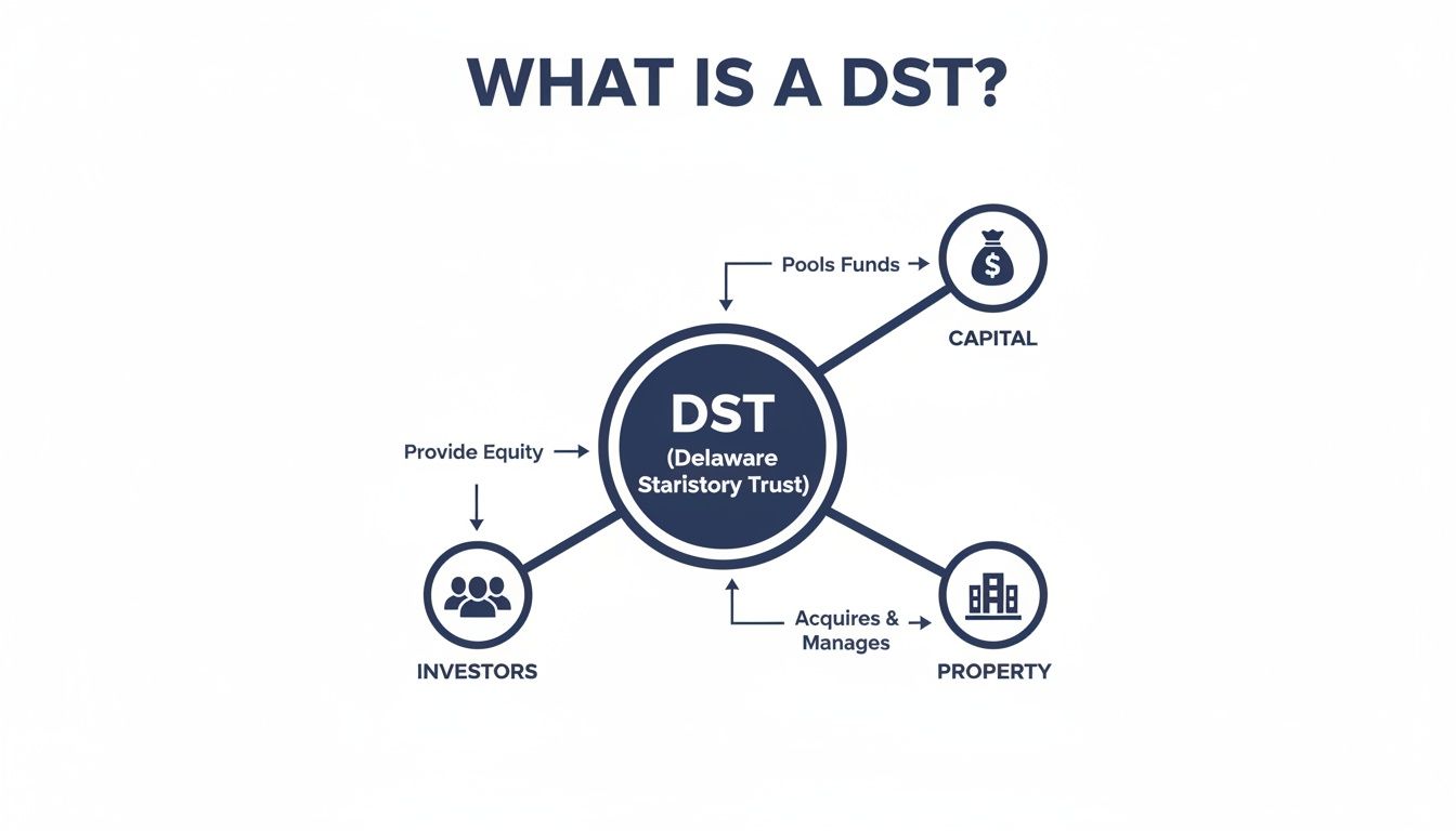 Infographic showing Delaware Statutory Trust (DST) connects investors, capital, and property.