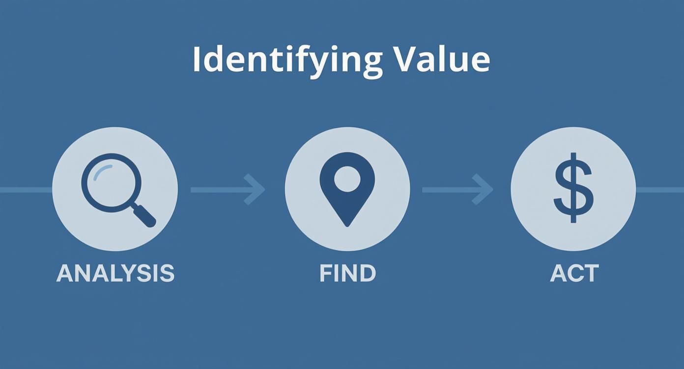 Flowchart outlining the process of identifying value: Analysis, Find, and Act, with icons.
