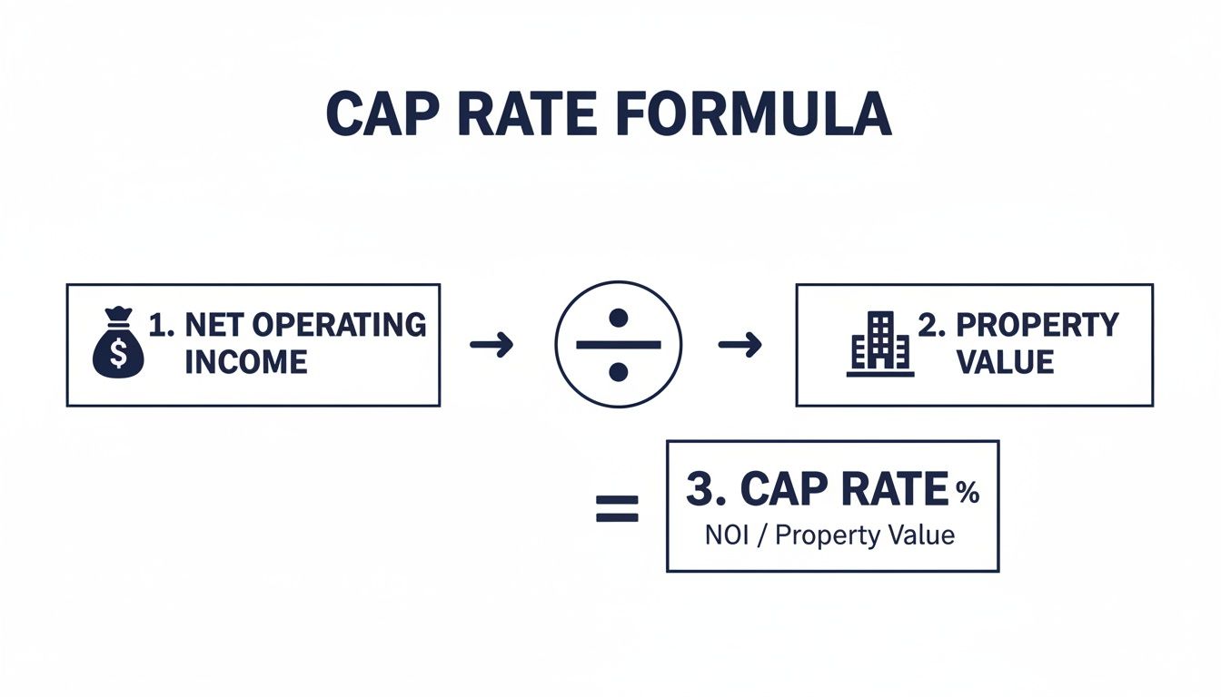 Diagram illustrating the Cap Rate Formula: Net Operating Income divided by Property Value equals Cap Rate.