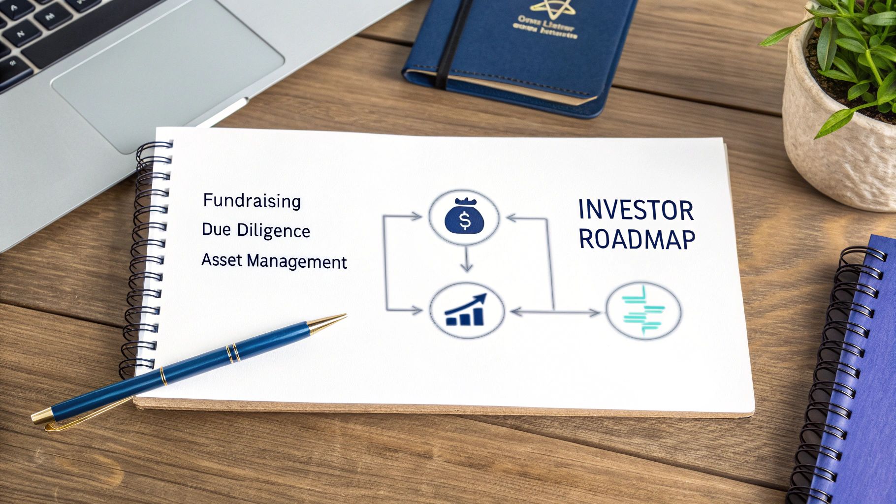 Notebook on a desk displaying an &#39;Investor Roadmap&#39; for fundraising, due diligence, and asset management.