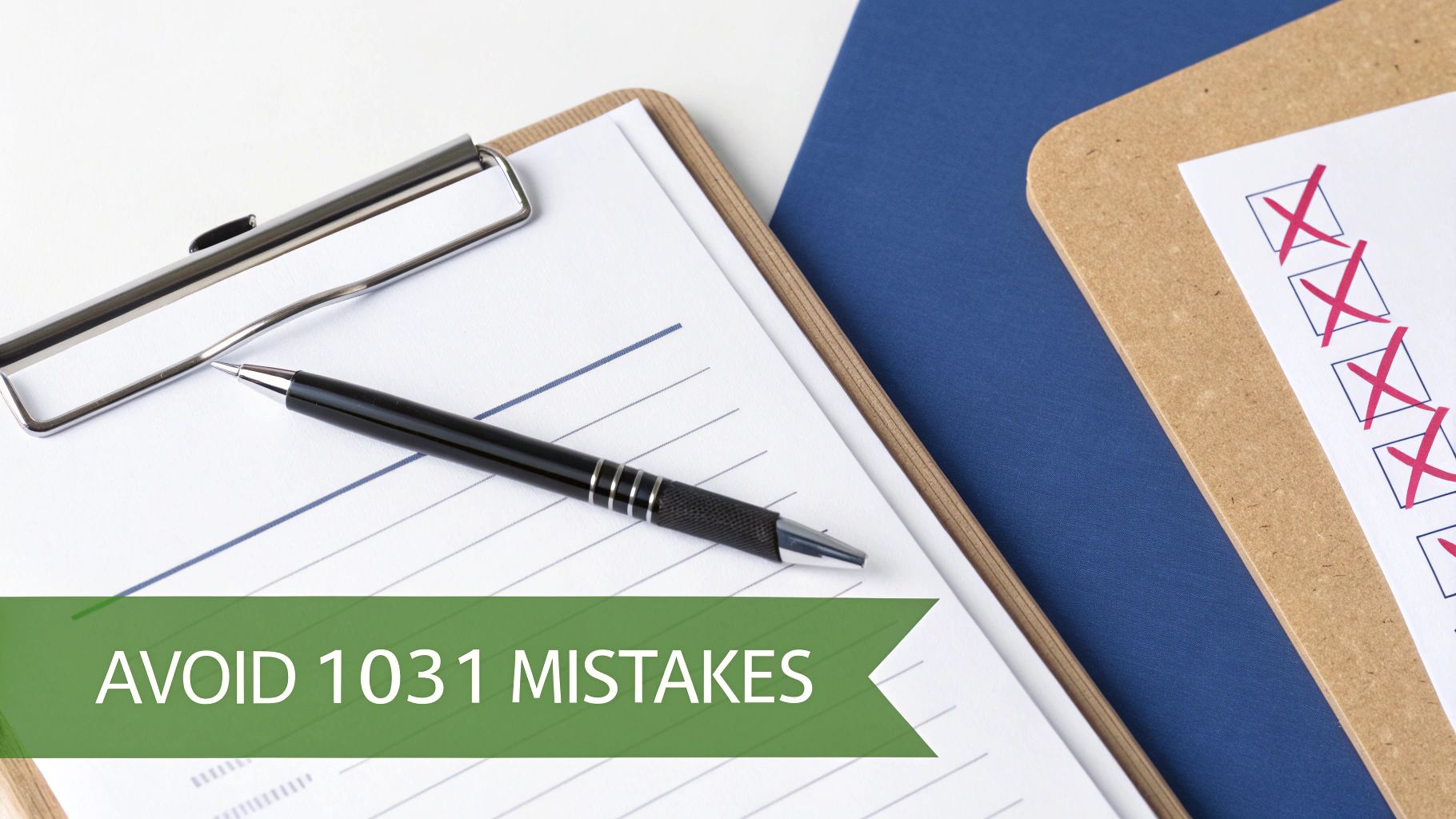 Clipboard with blank paper, pen, and checklist showing completed tasks to avoid 1031 exchange mistakes