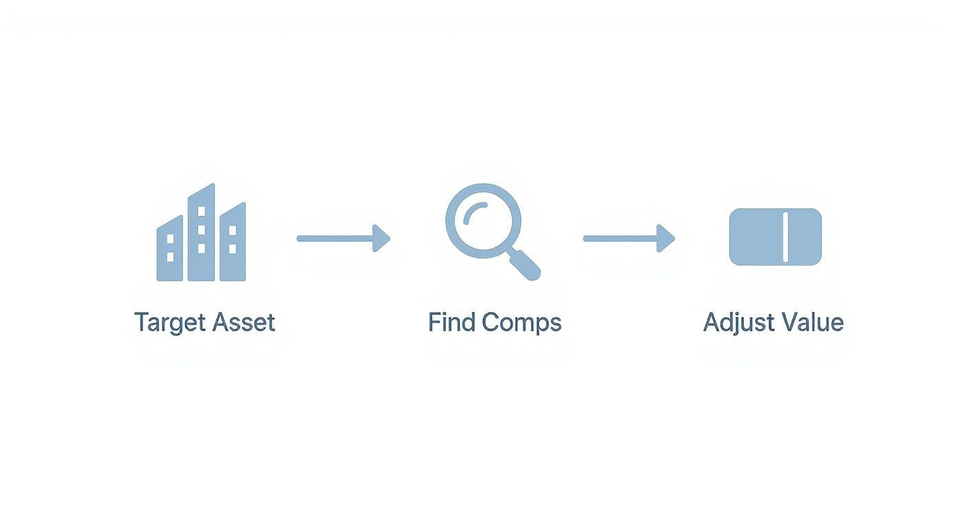 A diagram illustrating the three steps of real estate valuation: target asset, find comps, and adjust value.