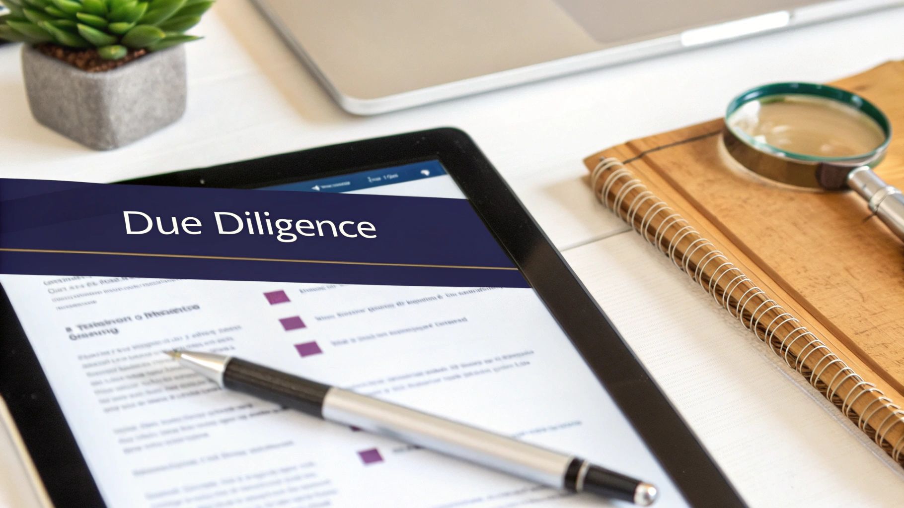 A tablet displaying &#39;Due Diligence&#39; with a pen, plant, laptop, and magnifying glass on a white desk.