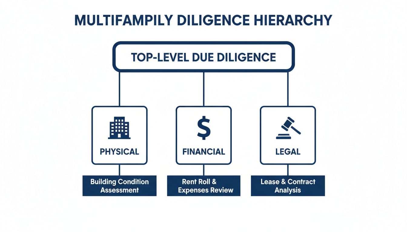 Multifamily diligence hierarchy diagram illustrating top-level due diligence, including physical, financial, and legal aspects.