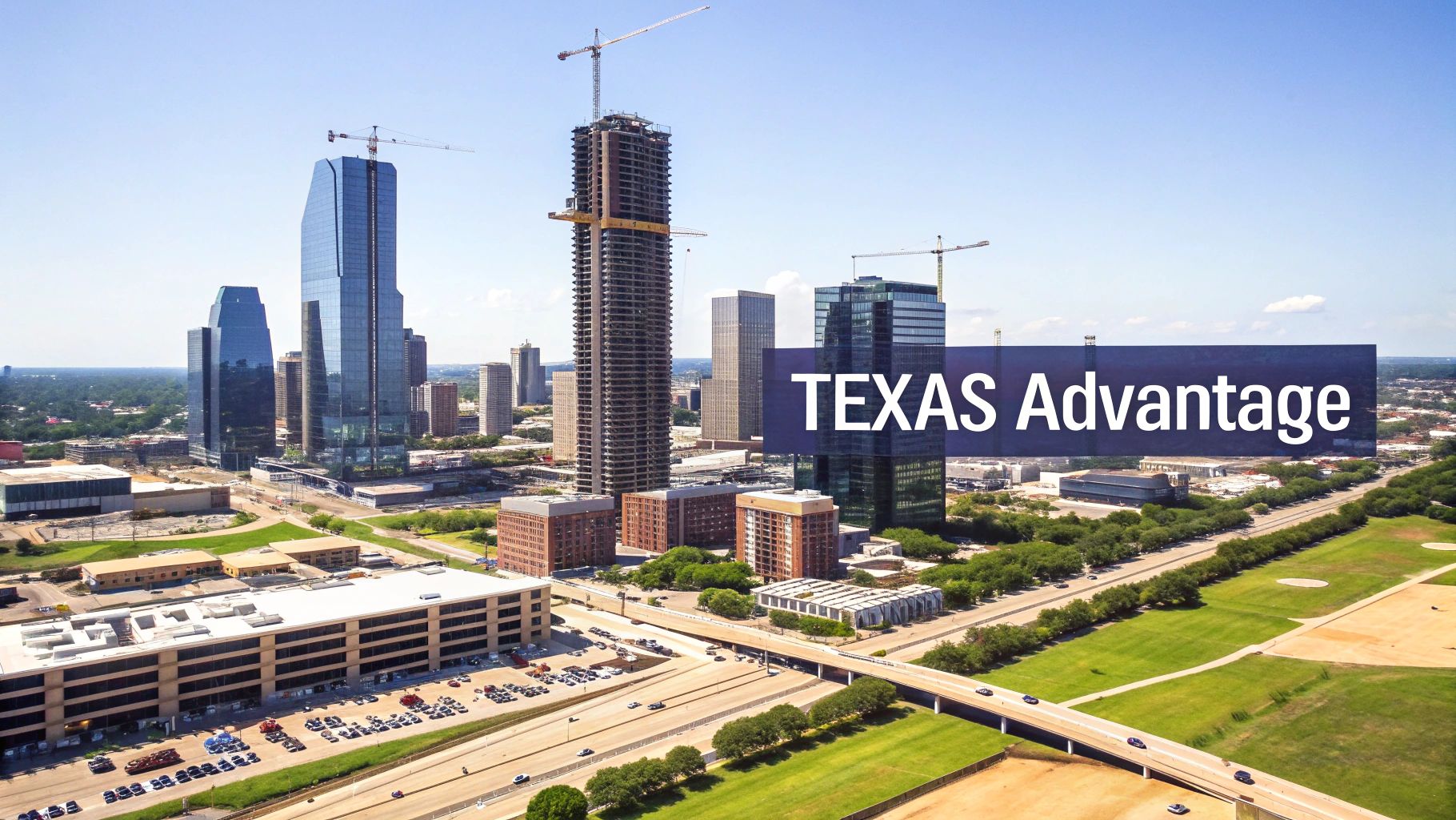 A panoramic view of the Dallas, Texas skyline at dusk, representing a prime location for real estate investing.