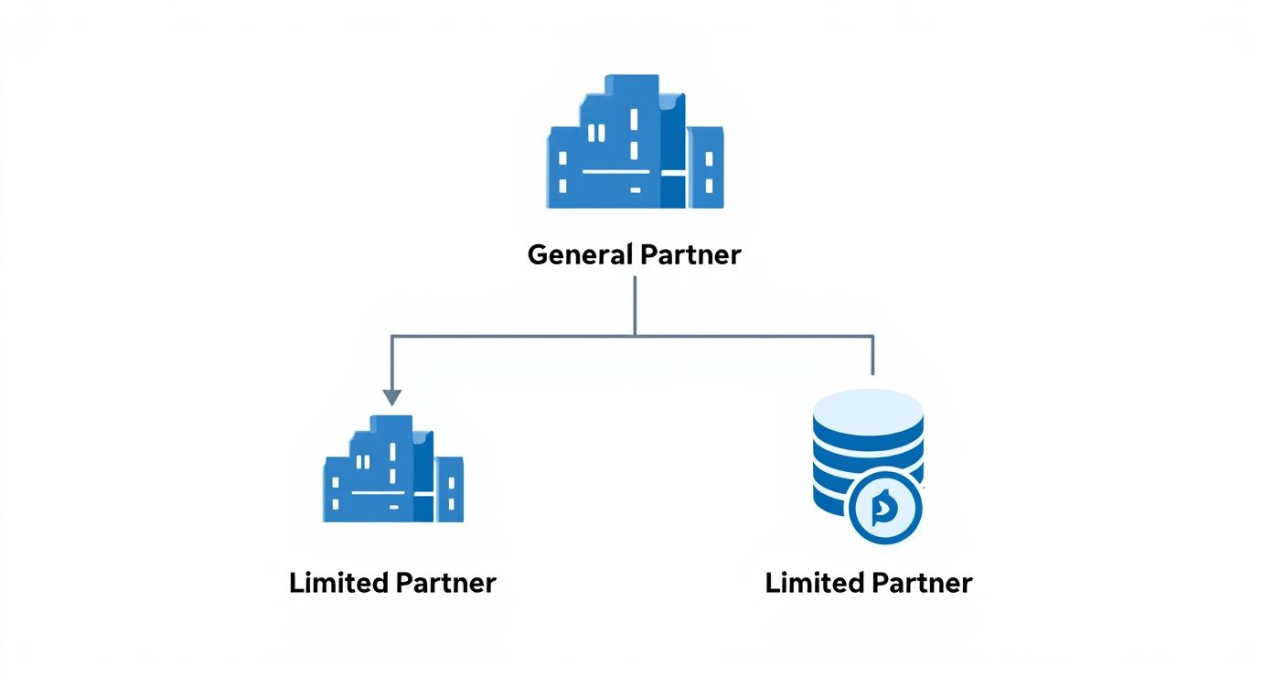Organizational chart showing general partner at top connected to two limited partners below in hierarchy
