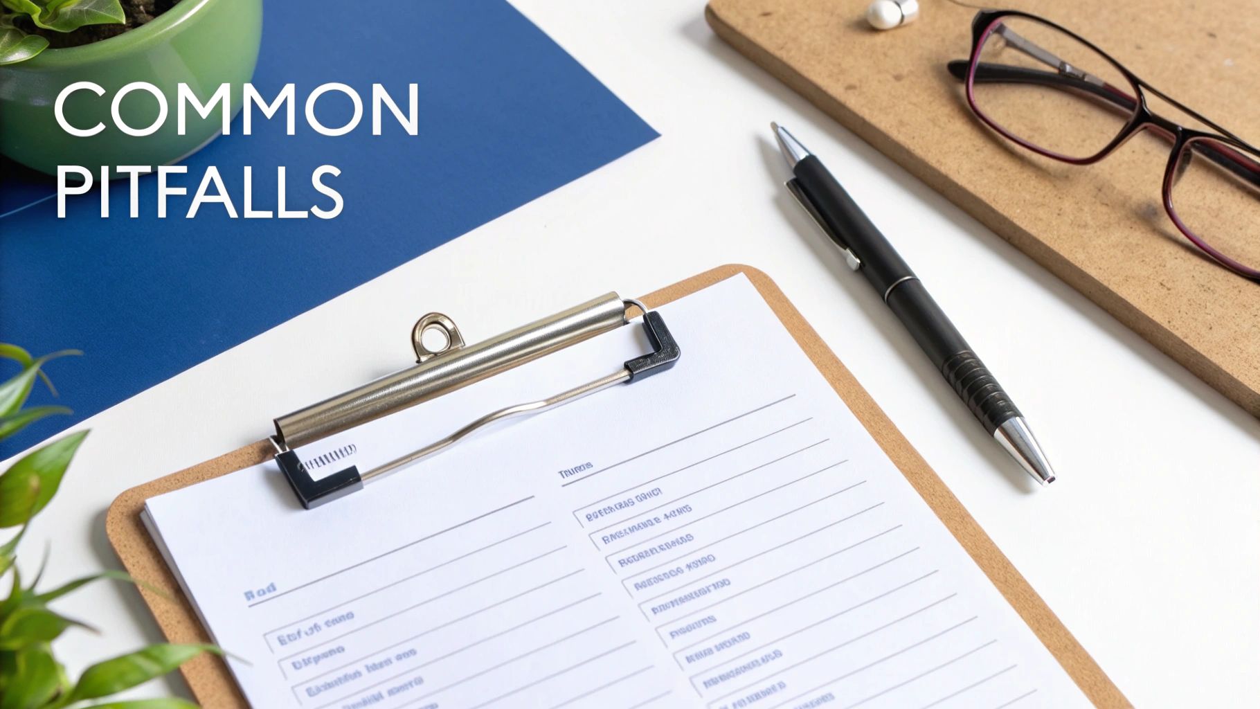 A workspace with a clipboard, pen, glasses, and a plant, featuring 'COMMON PITFALLS' text.