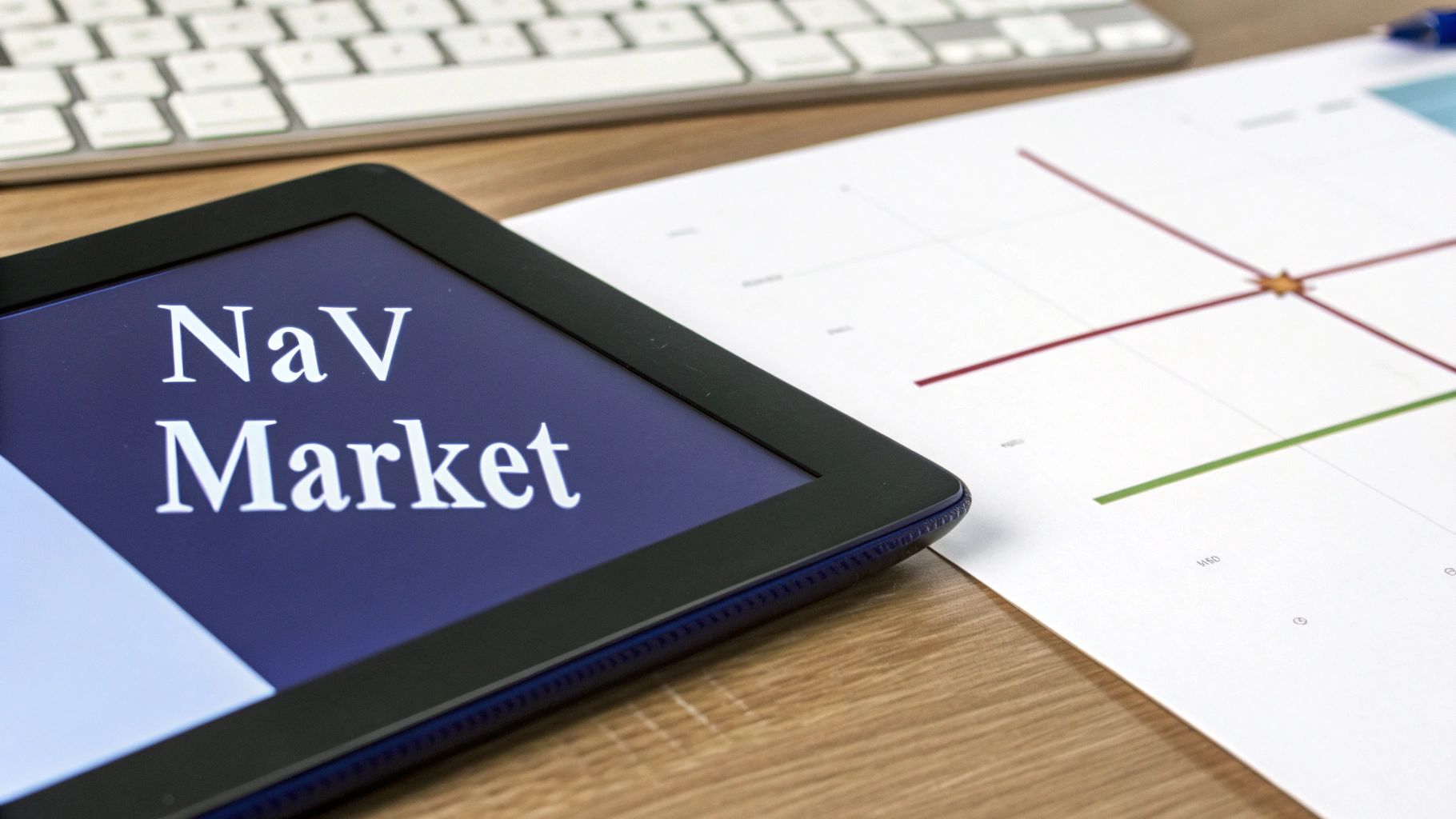 A graph showing stock market fluctuations over a city skyline at sunset, representing the dynamic relationship between NAV and market price in fund valuation.