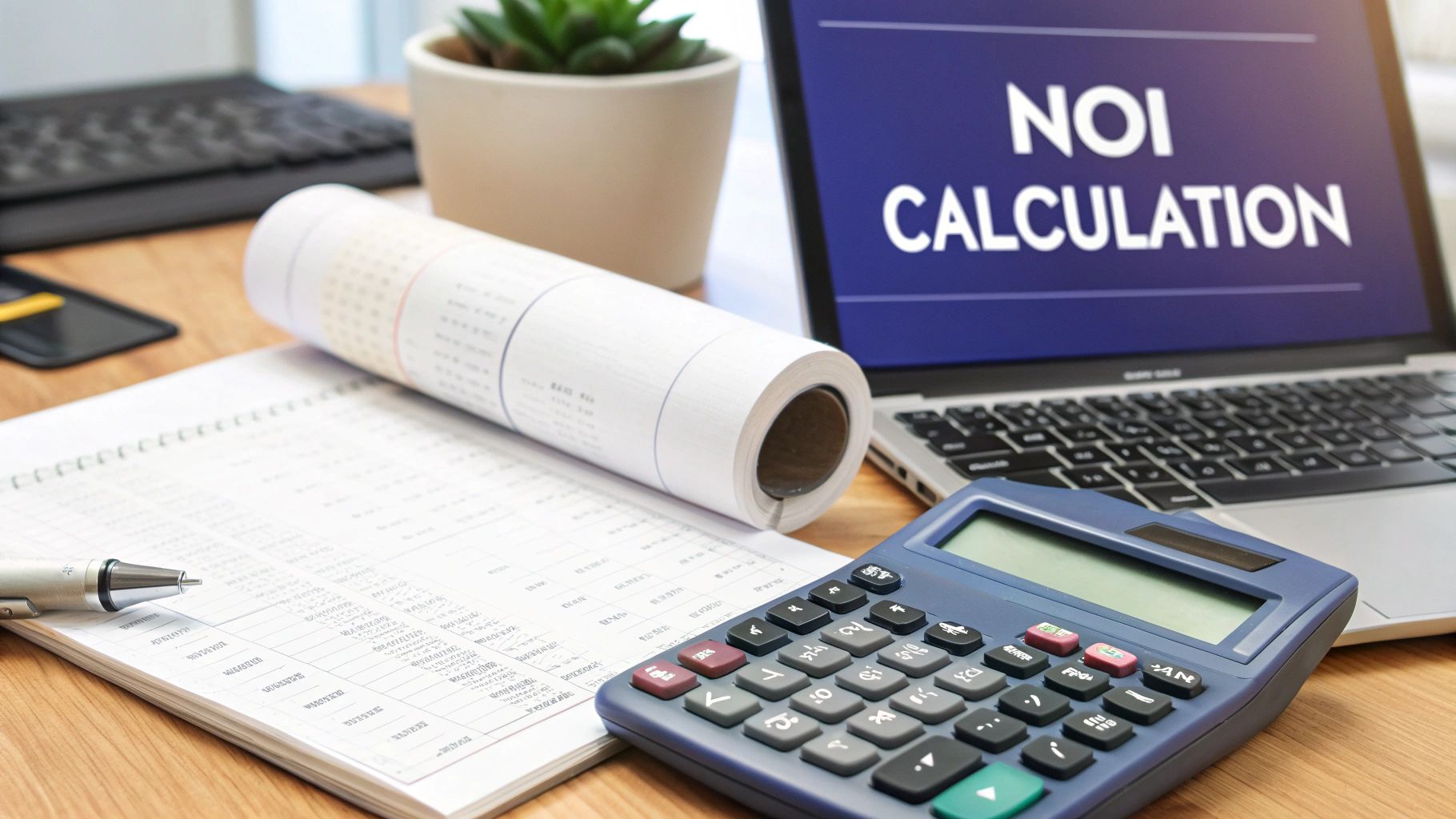 NOI calculation display on laptop screen with calculator, receipts, and financial documents on desk