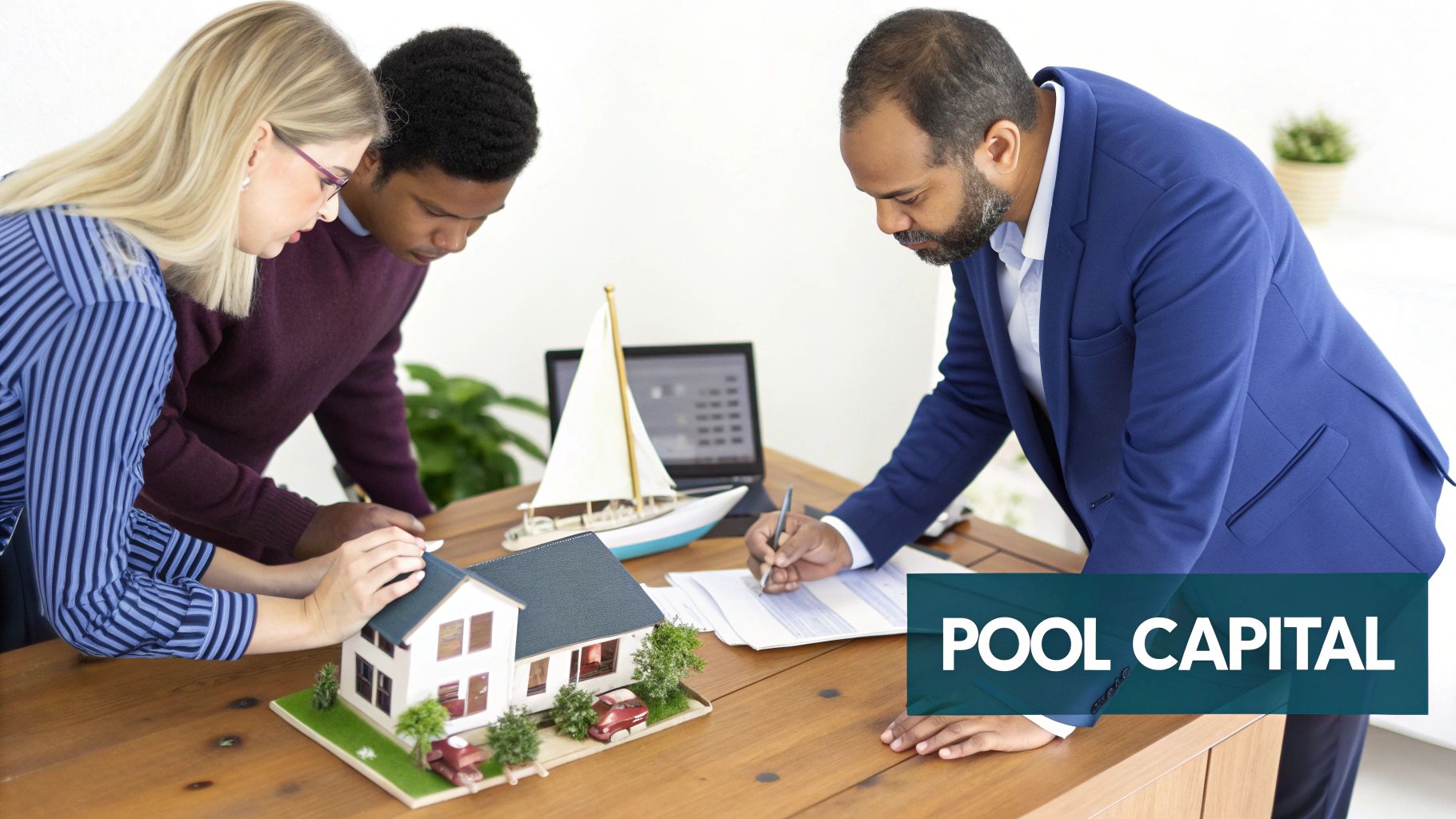 A group of professionals collaborating around a table, symbolizing a pooled investment vehicle meeting.
