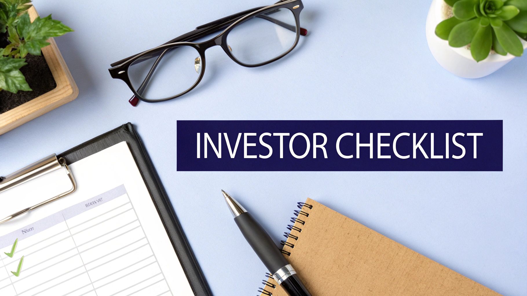 A flat lay shows an 'INVESTOR CHECKLIST' banner on a blue desk with a pen, notebook, glasses, and plants.