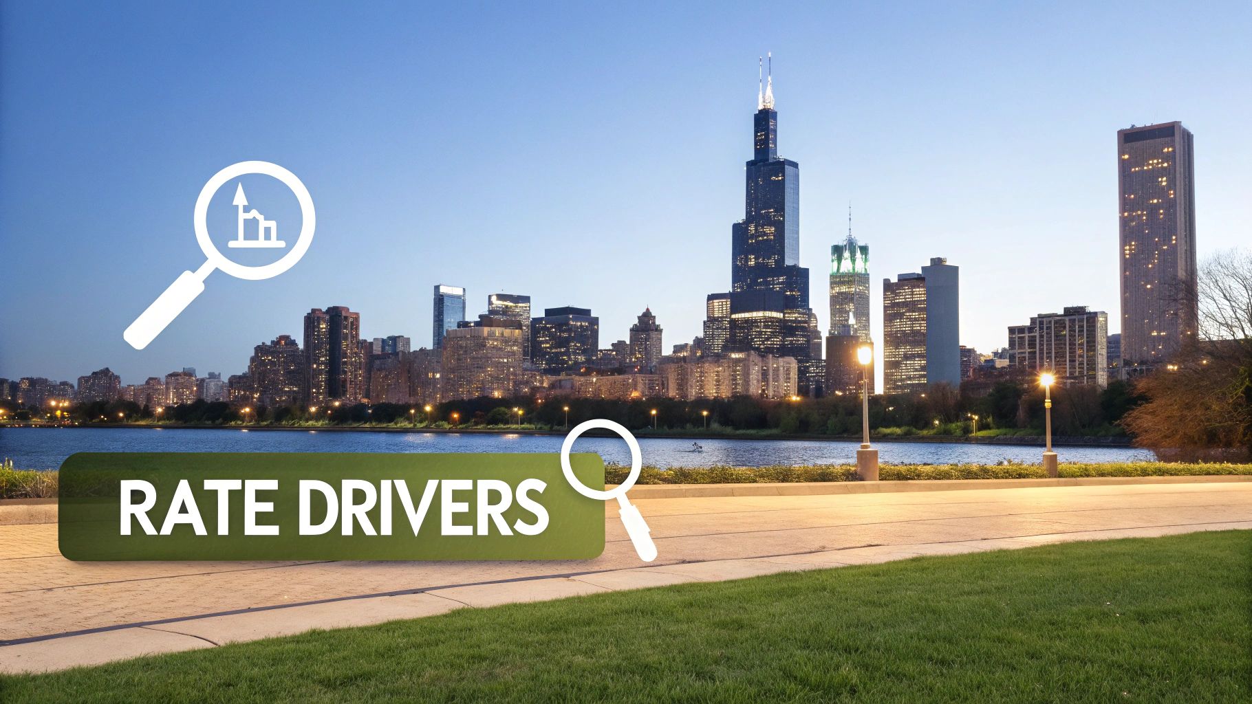 A city skyline and water at dusk with 'RATE DRIVERS' text and magnifying glass icons.