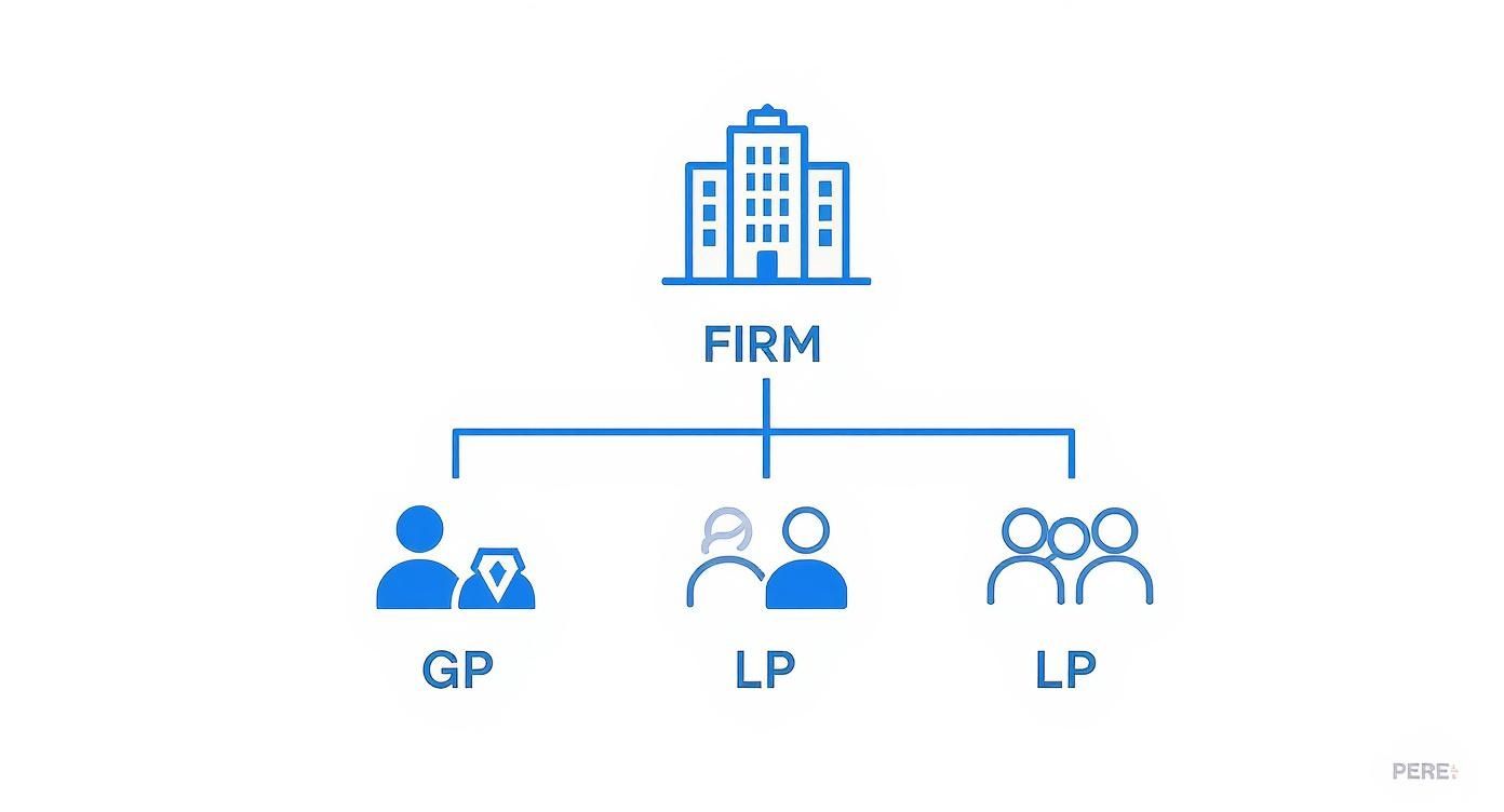 An organizational chart illustrating a firm, a General Partner (GP), and multiple Limited Partners (LP).